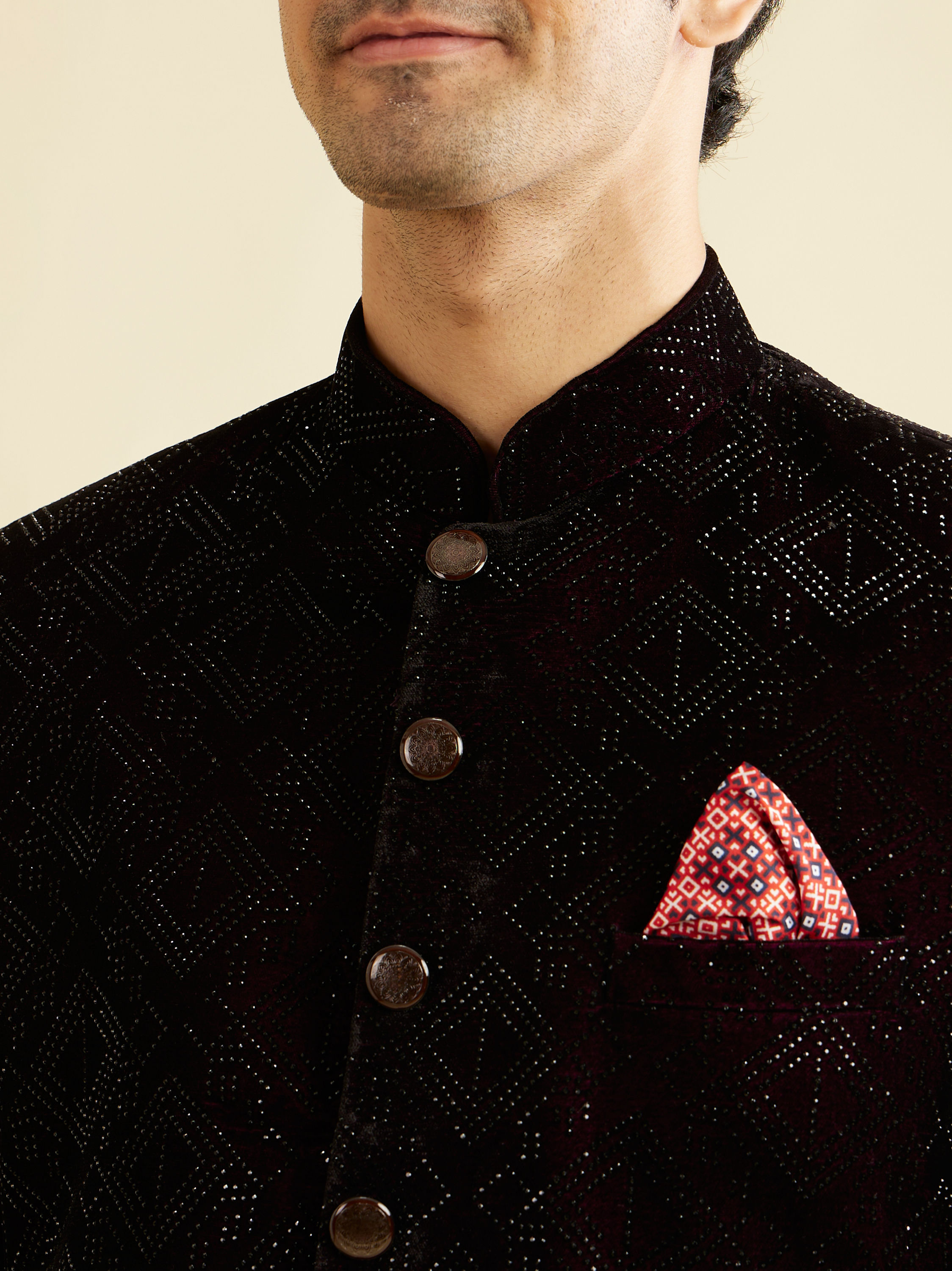 Manyavar Men Wine Rhinestone Embellished Jodhpuri Suit