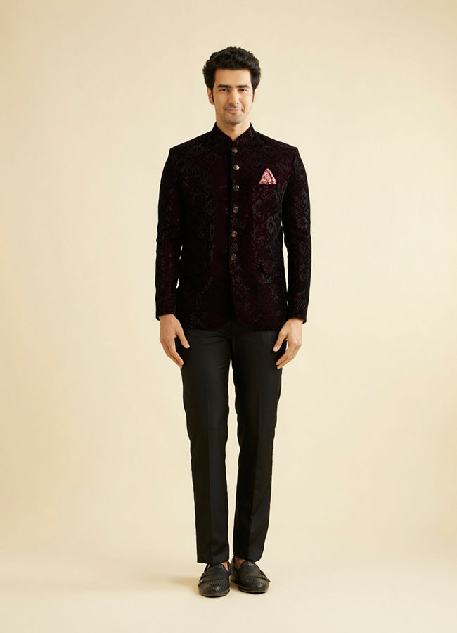 Manyavar Men Wine Rhinestone Embellished Jodhpuri Suit