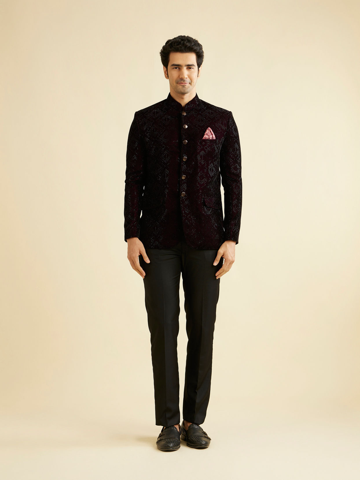 Manyavar Men Wine Rhinestone Embellished Jodhpuri Suit