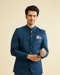 Manyavar Men Teal Blue Jodhpuri Suit with Imperial Patterns