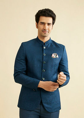 Manyavar Men Teal Blue Jodhpuri Suit with Imperial Patterns