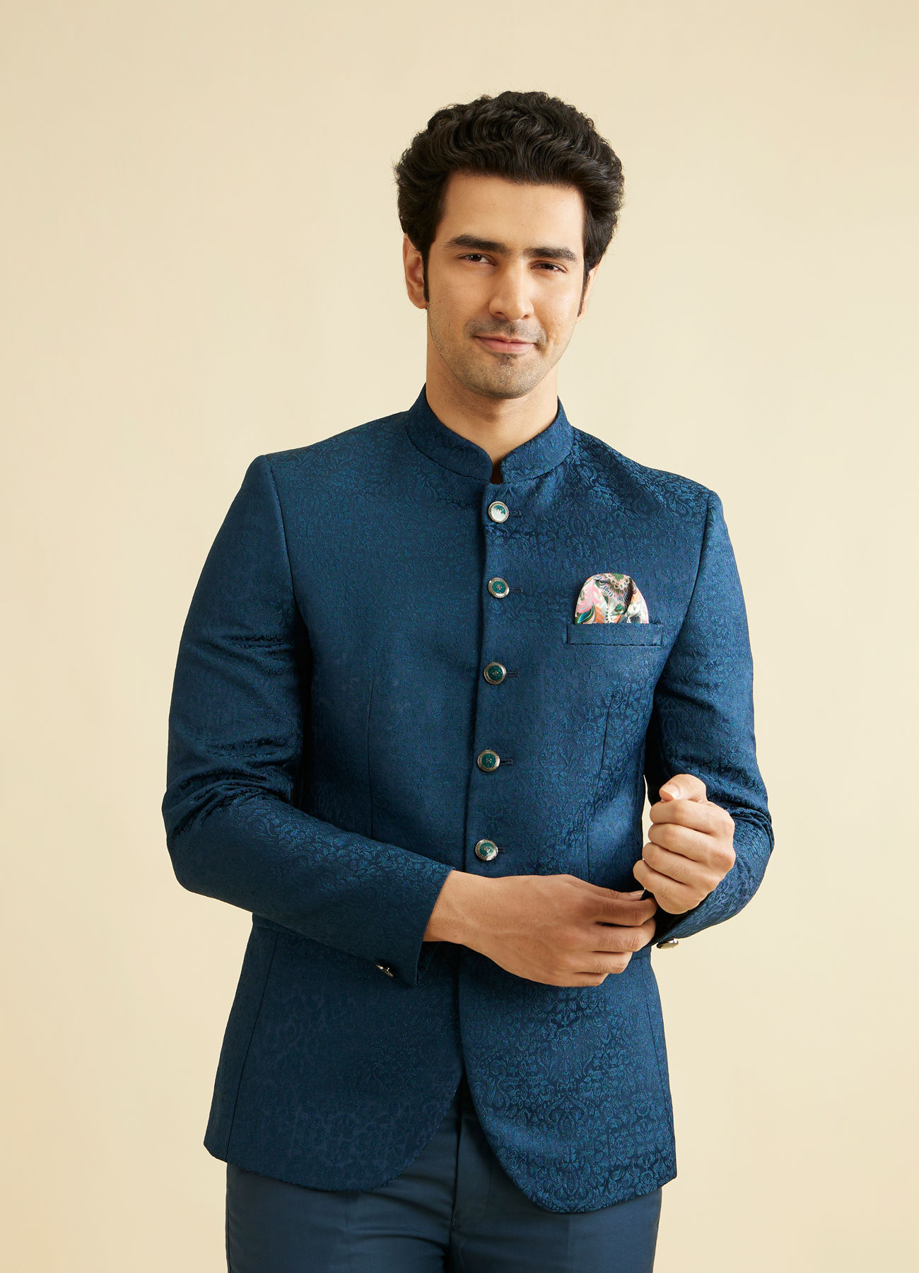 Manyavar Men Teal Blue Jodhpuri Suit with Imperial Patterns