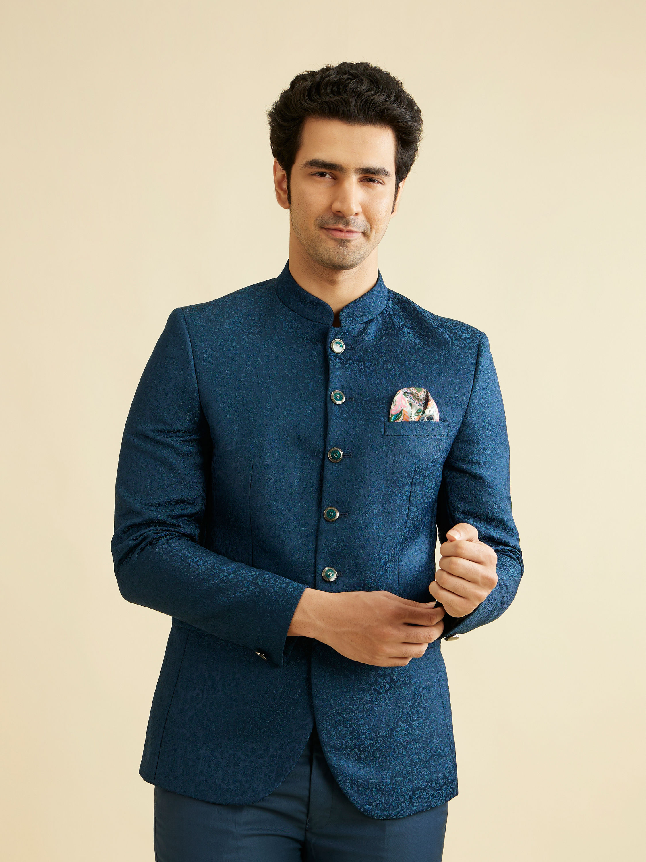 Manyavar Men Teal Blue Jodhpuri Suit with Imperial Patterns