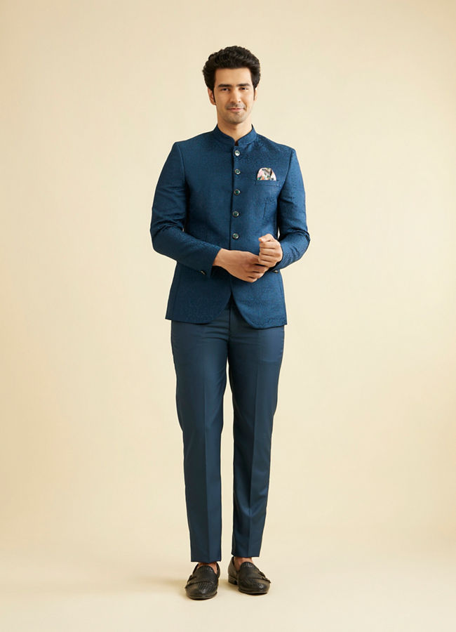 Manyavar Men Teal Blue Jodhpuri Suit with Imperial Patterns