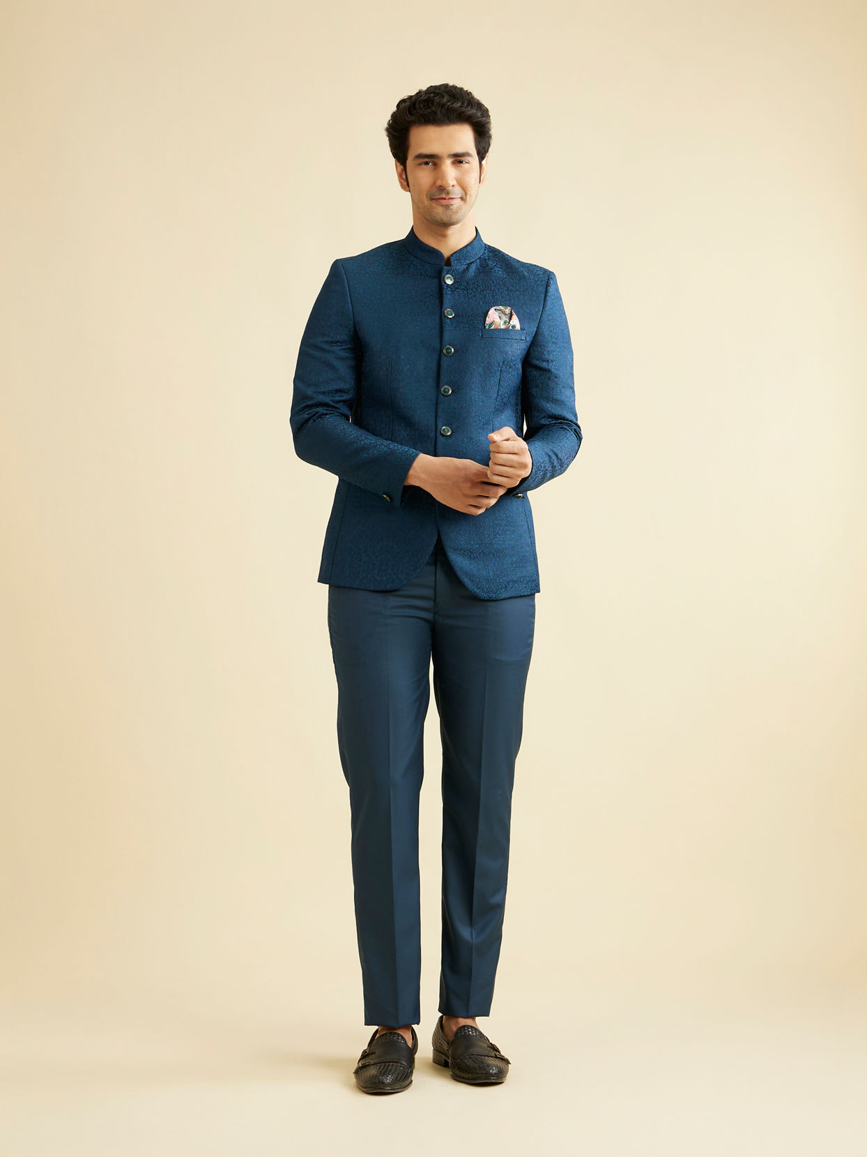 Manyavar Men Teal Blue Jodhpuri Suit with Imperial Patterns