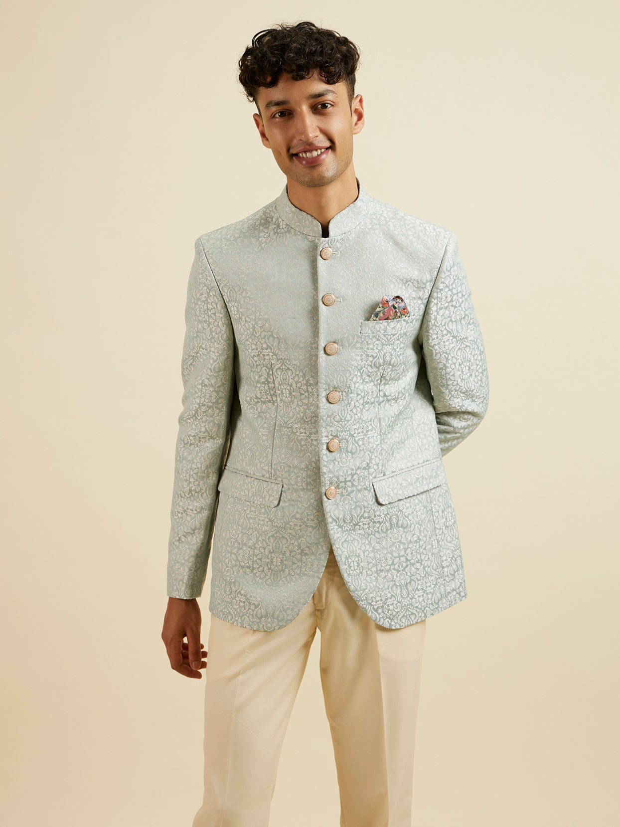 alt message - Manyavar Men Light Blue Jodhpuri Suit image number 0