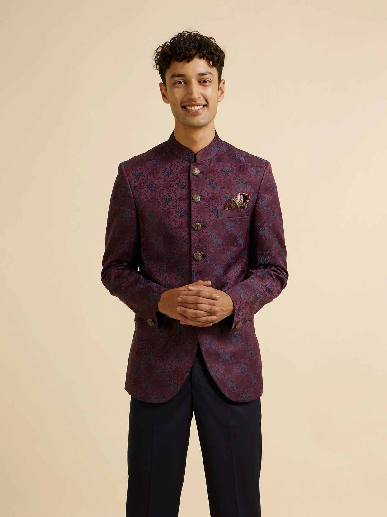 Manyavar Men Wine Floral Jaal Patterned Jodhpuri Suit