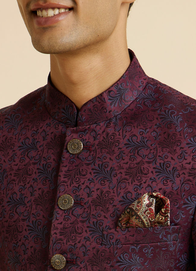Manyavar Men Wine Floral Jaal Patterned Jodhpuri Suit