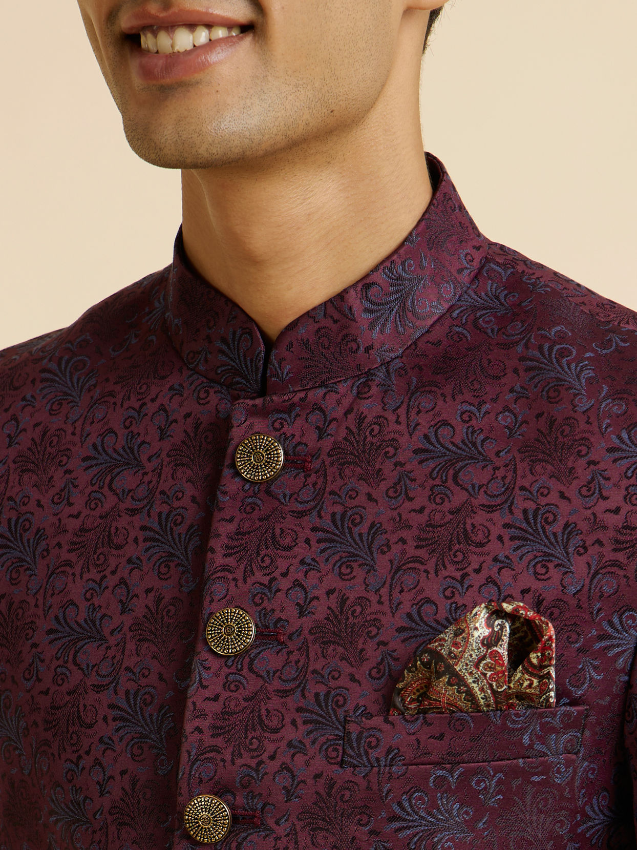 Manyavar Men Wine Floral Jaal Patterned Jodhpuri Suit