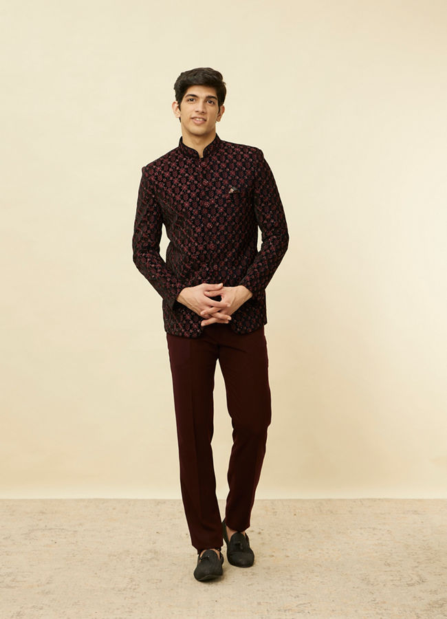 Buy Kohl Black Floral String Patterned Jodhpuri Suit Online in India ...