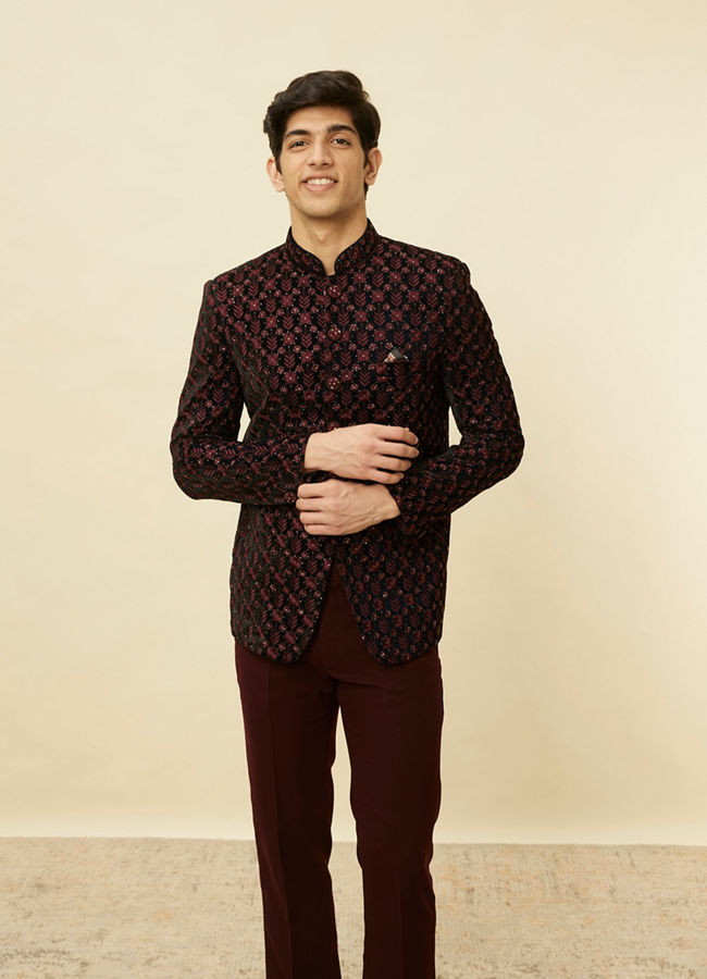 alt message - Manyavar Men Kohl Black Floral String Patterned Jodhpuri Suit image number 0