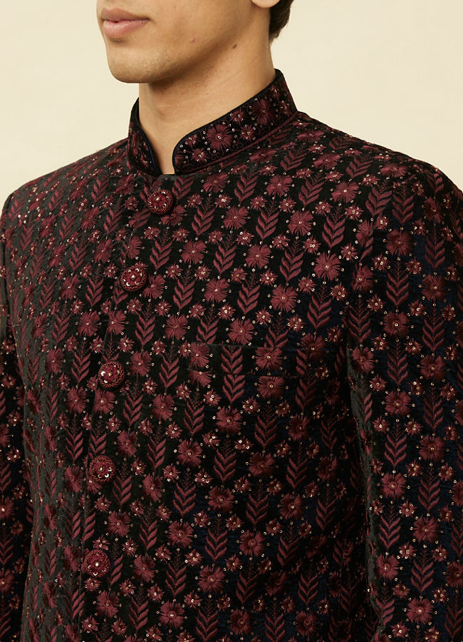 alt message - Manyavar Men Kohl Black Floral String Patterned Jodhpuri Suit image number 1