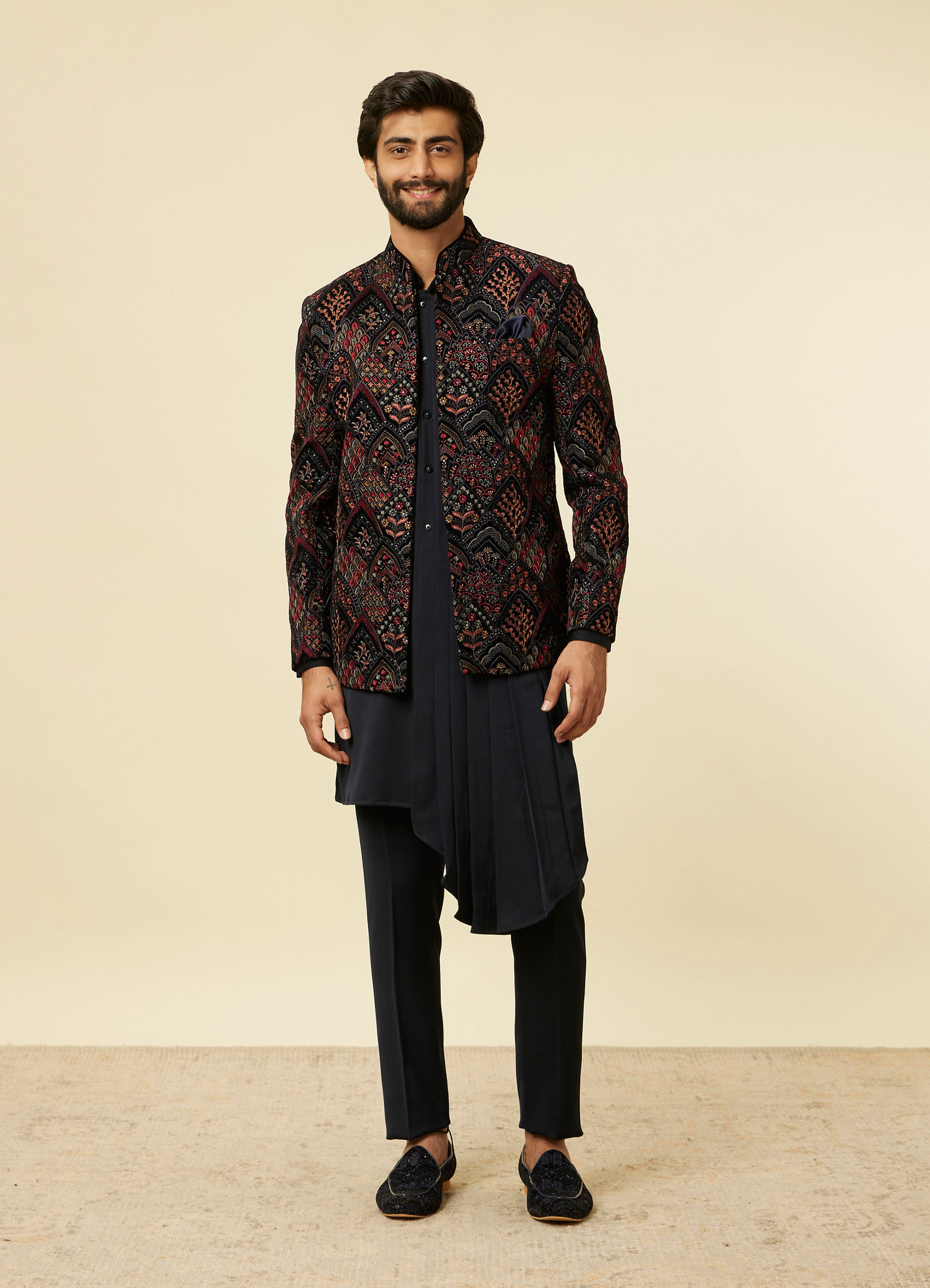 Navy Blue Fern Embroidered Indo Western
