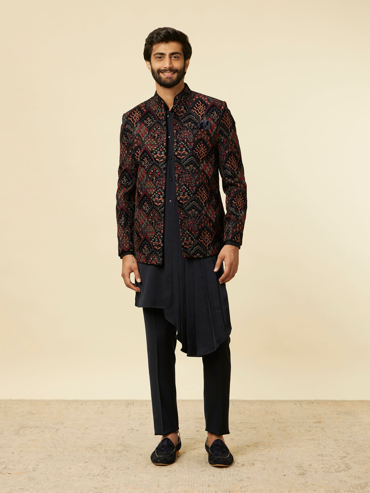 Manyavar Men Navy Blue Fern Embroidered Indo Western