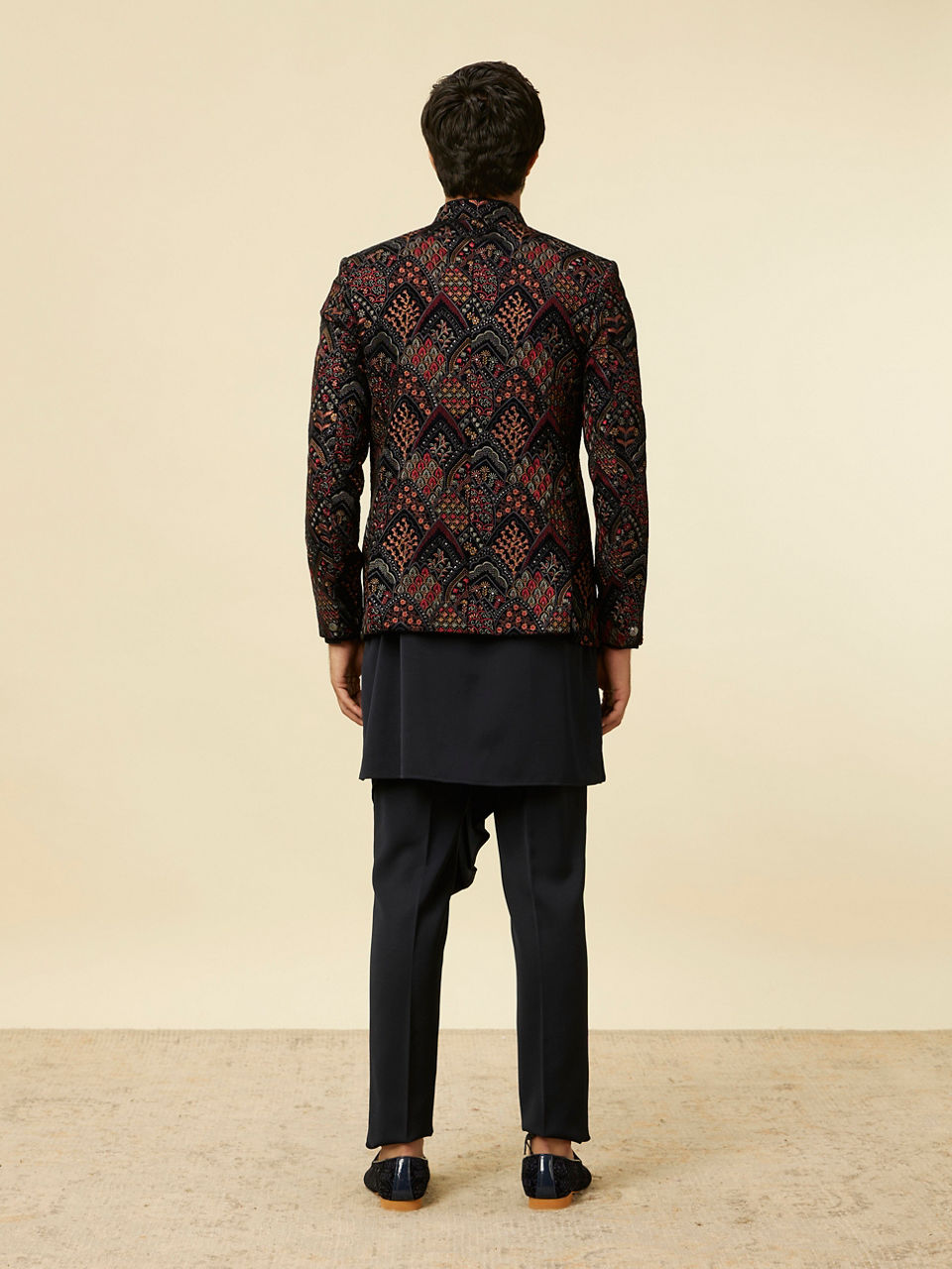 Manyavar Men Navy Blue Fern Embroidered Indo Western