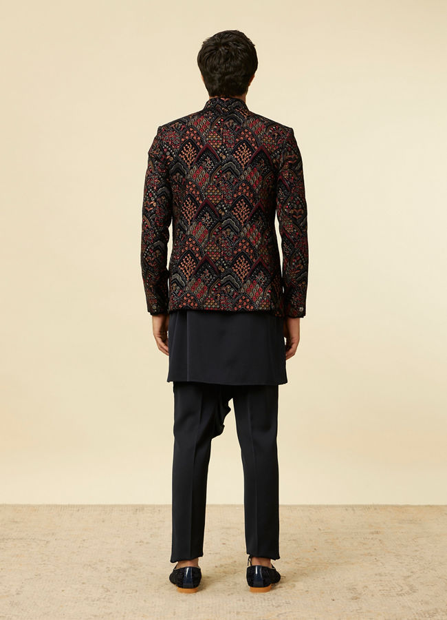 Manyavar Men Navy Blue Fern Embroidered Indo Western