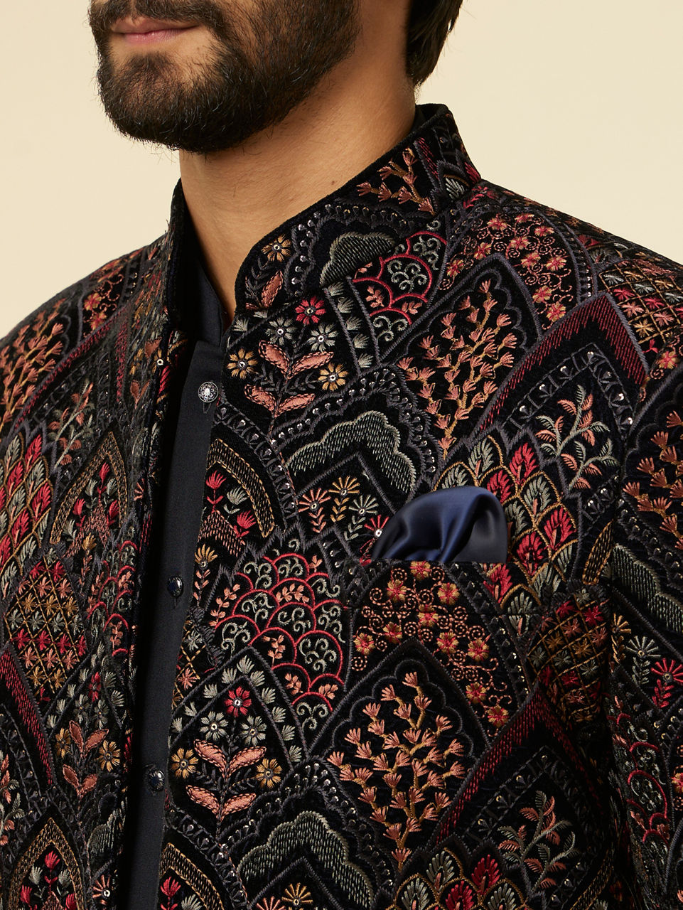 Manyavar Men Navy Blue Fern Embroidered Indo Western