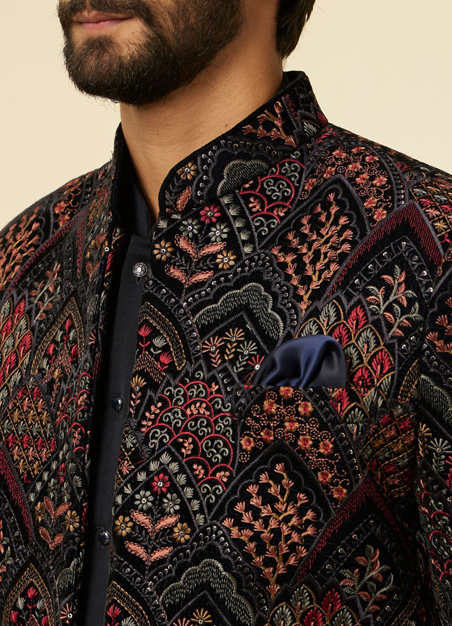 Manyavar Men Navy Blue Fern Embroidered Indo Western