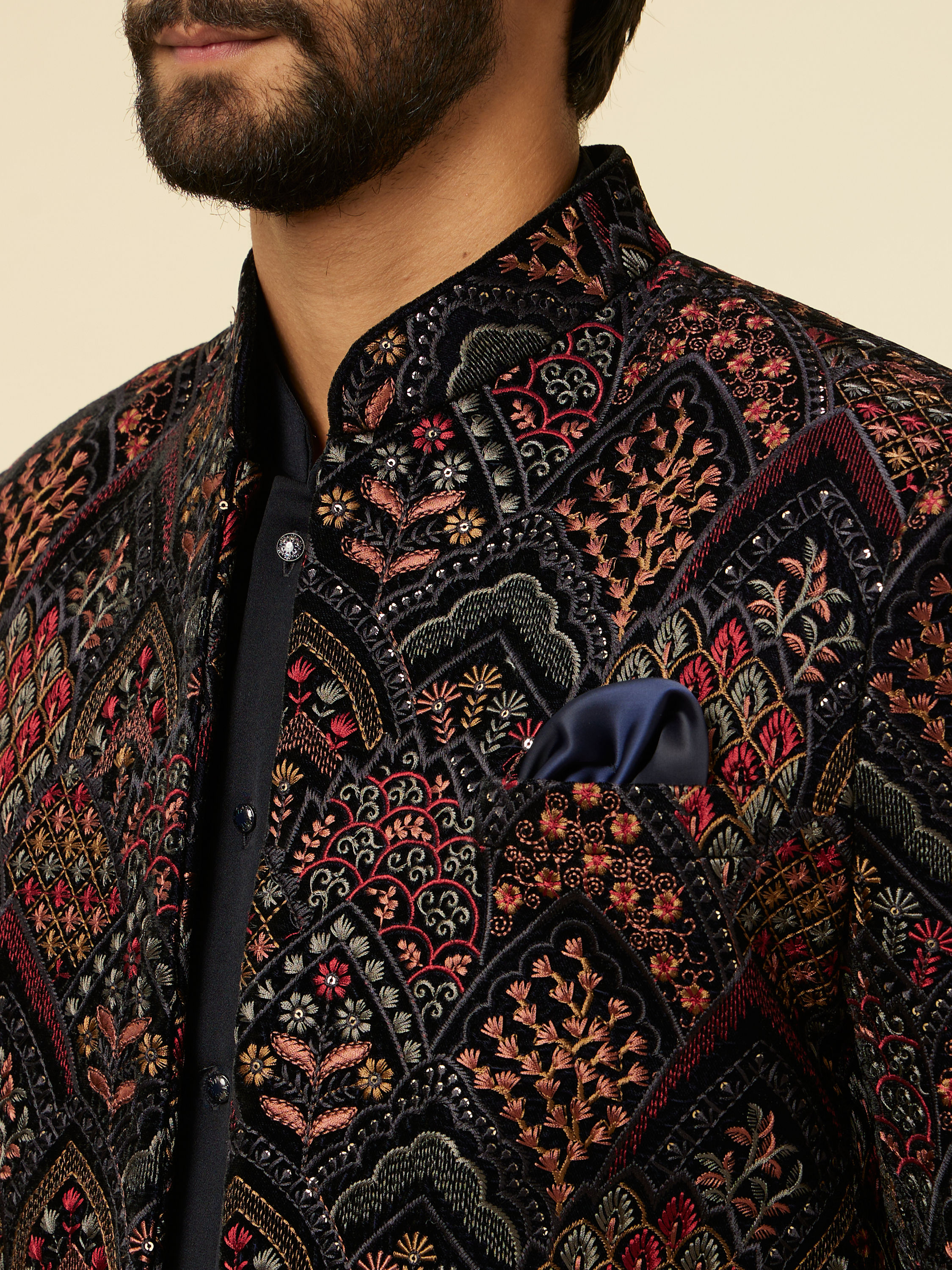 Manyavar Men Navy Blue Fern Embroidered Indo Western