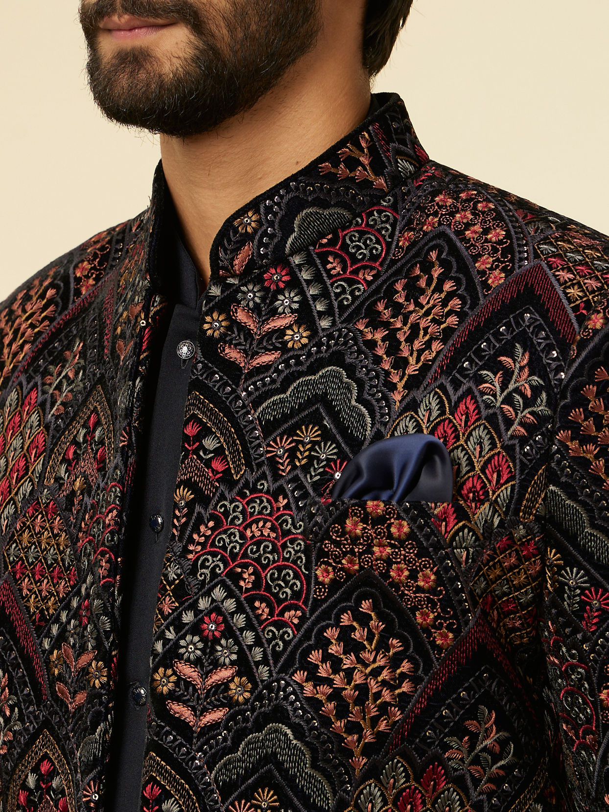 Manyavar Men Navy Blue Fern Embroidered Indo Western