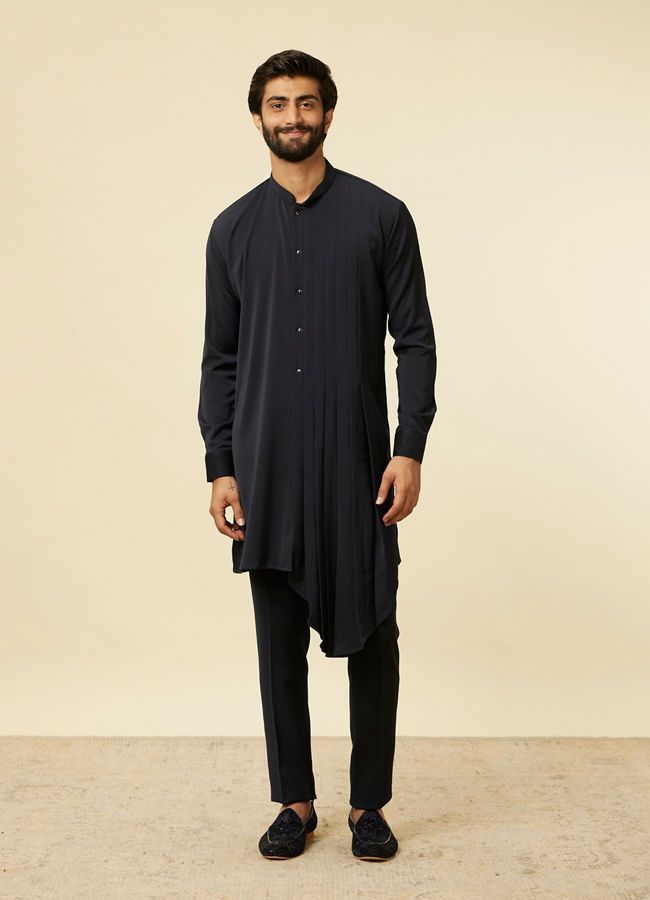 Manyavar Men Navy Blue Fern Embroidered Indo Western