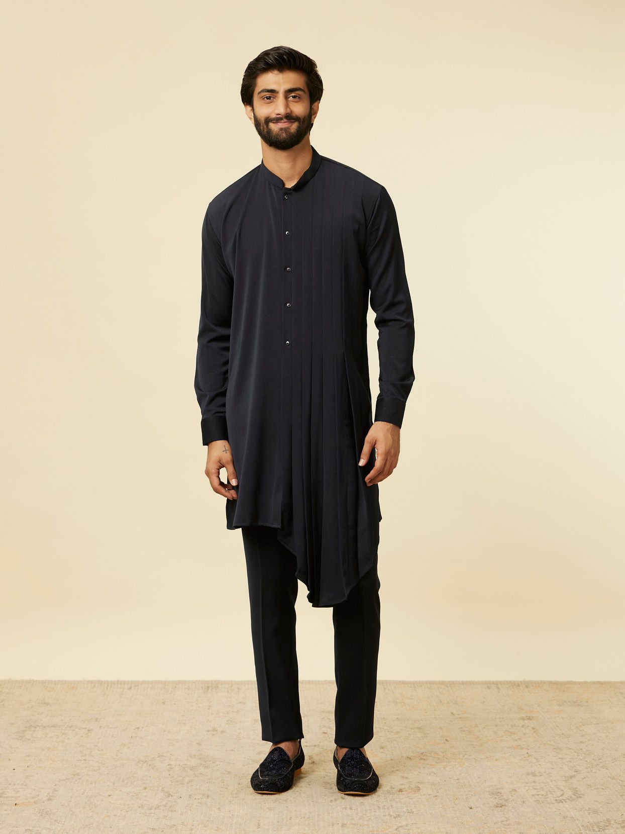 Manyavar Men Navy Blue Fern Embroidered Indo Western