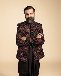Manyavar Men Midnight Black Indo Western Set with Fern Motifs in a Fish Scale Pattern