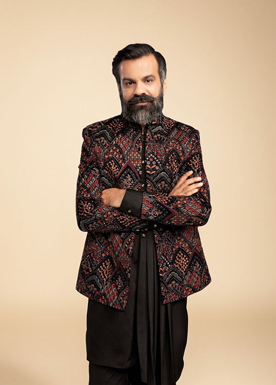 Manyavar Men Midnight Black Indo Western Set with Fern Motifs in a Fish Scale Pattern