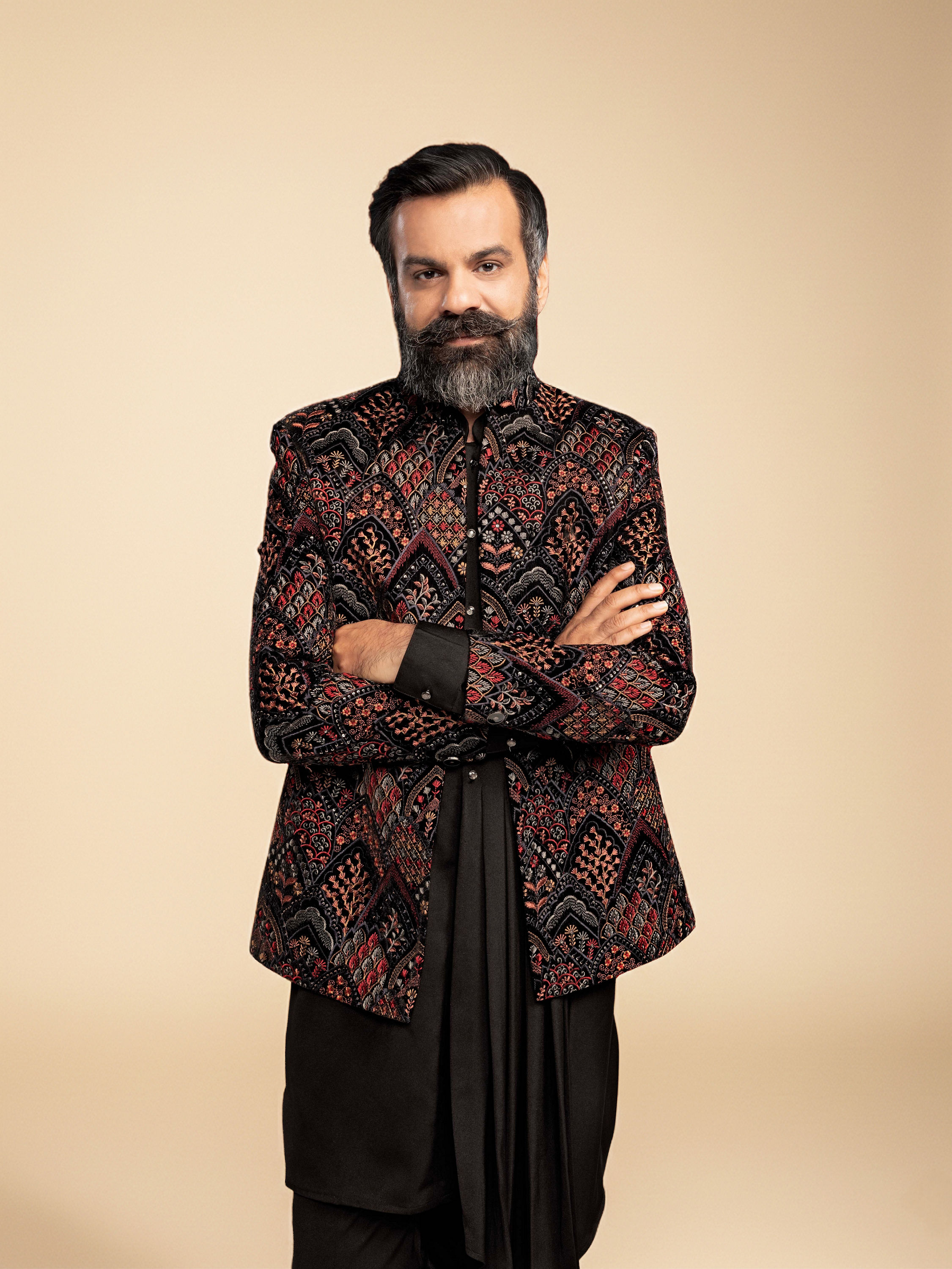 Manyavar Men Midnight Black Indo Western Set with Fern Motifs in a Fish Scale Pattern