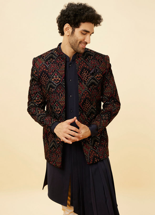 Navy Blue Fern Embroidered Indo Western image number 2