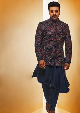 alt message - Manyavar Men Navy Blue Fern Embroidered Indo Western image number 0