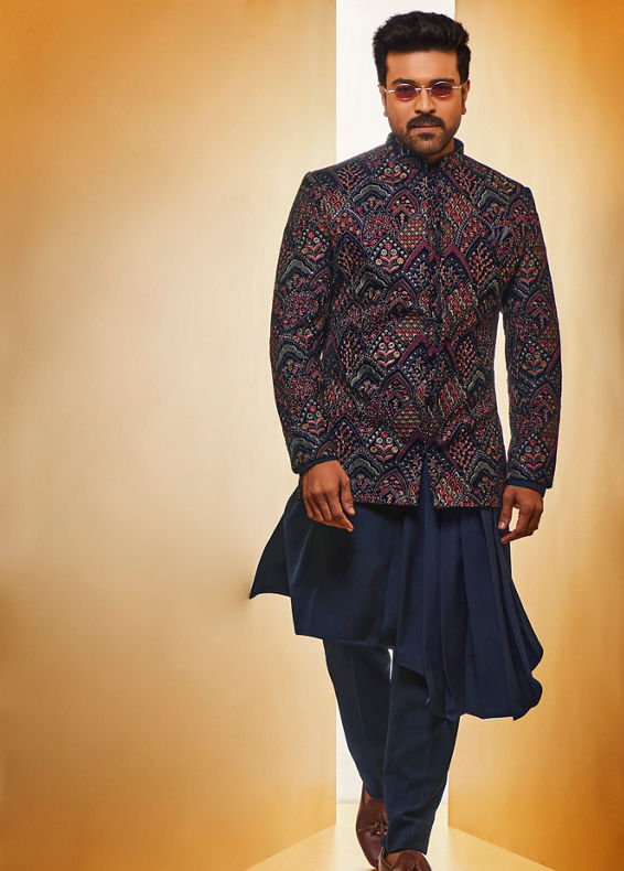 Manyavar Men Navy Blue Fern Embroidered Indo Western