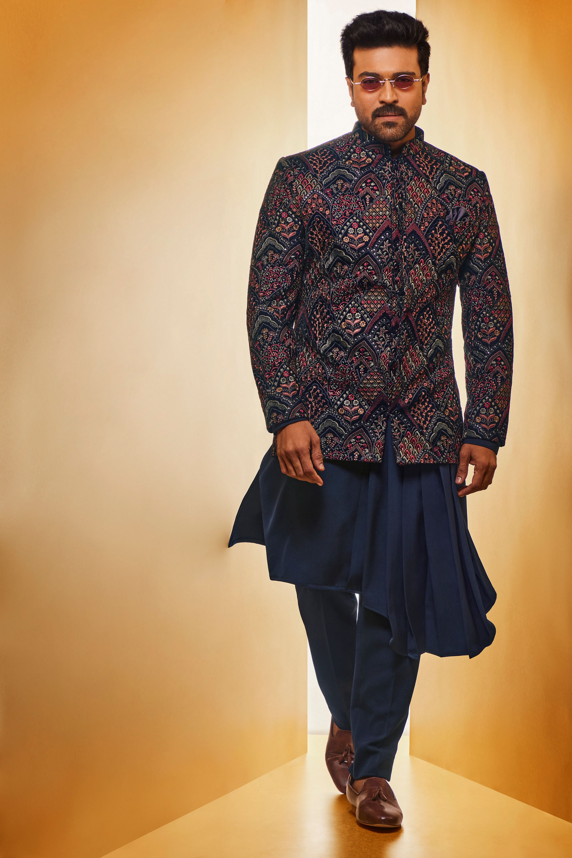 Manyavar Men Navy Blue Fern Embroidered Indo Western