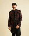 Midnight Black Indo Western Set with Fern Motifs in a Fish Scale Pattern