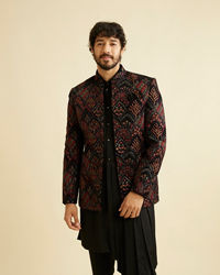 Manyavar Men Midnight Black Indo Western Set with Fern Motifs in a Fish Scale Pattern