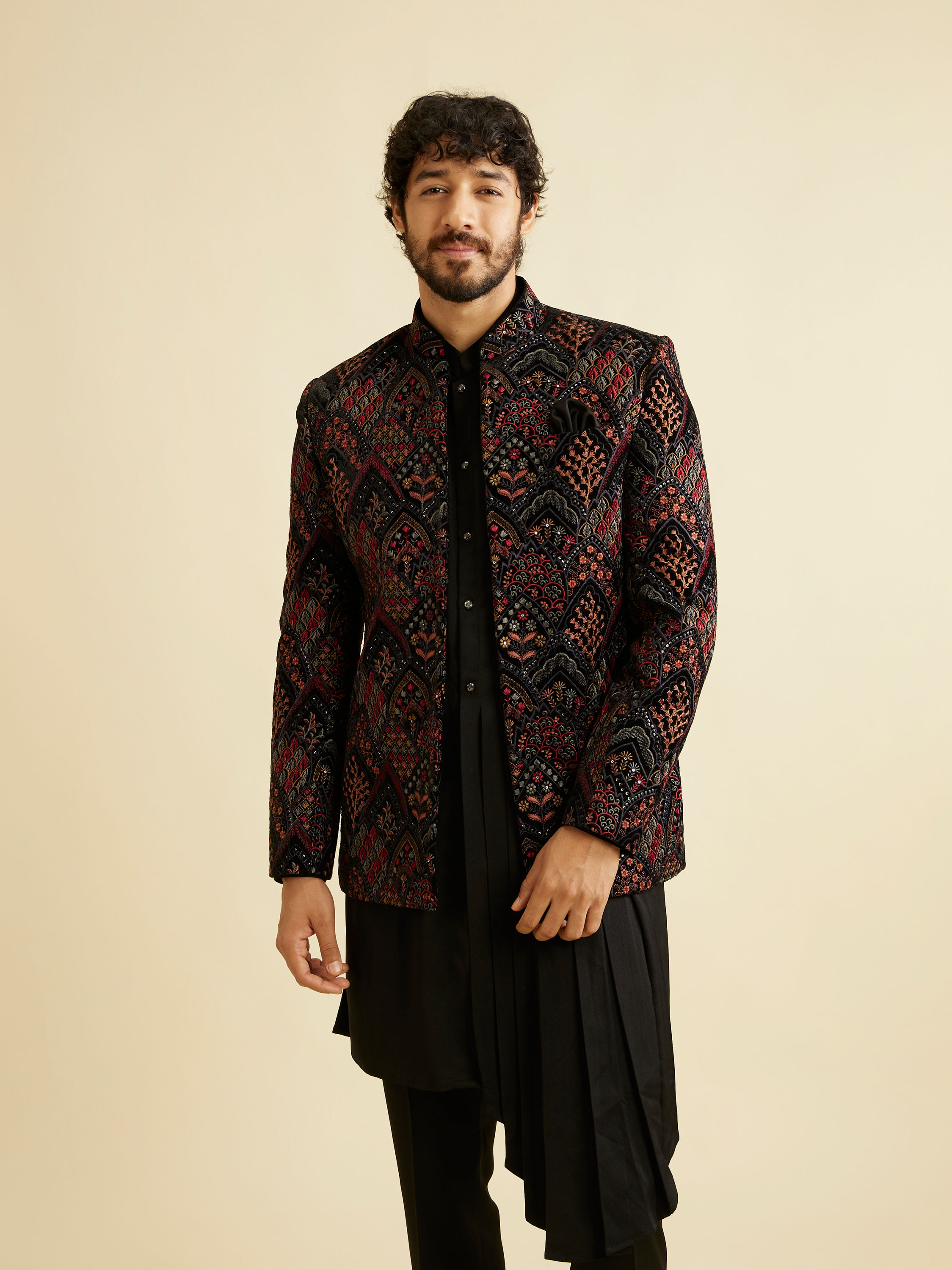 Manyavar Men Midnight Black Indo Western Set with Fern Motifs in a Fish Scale Pattern