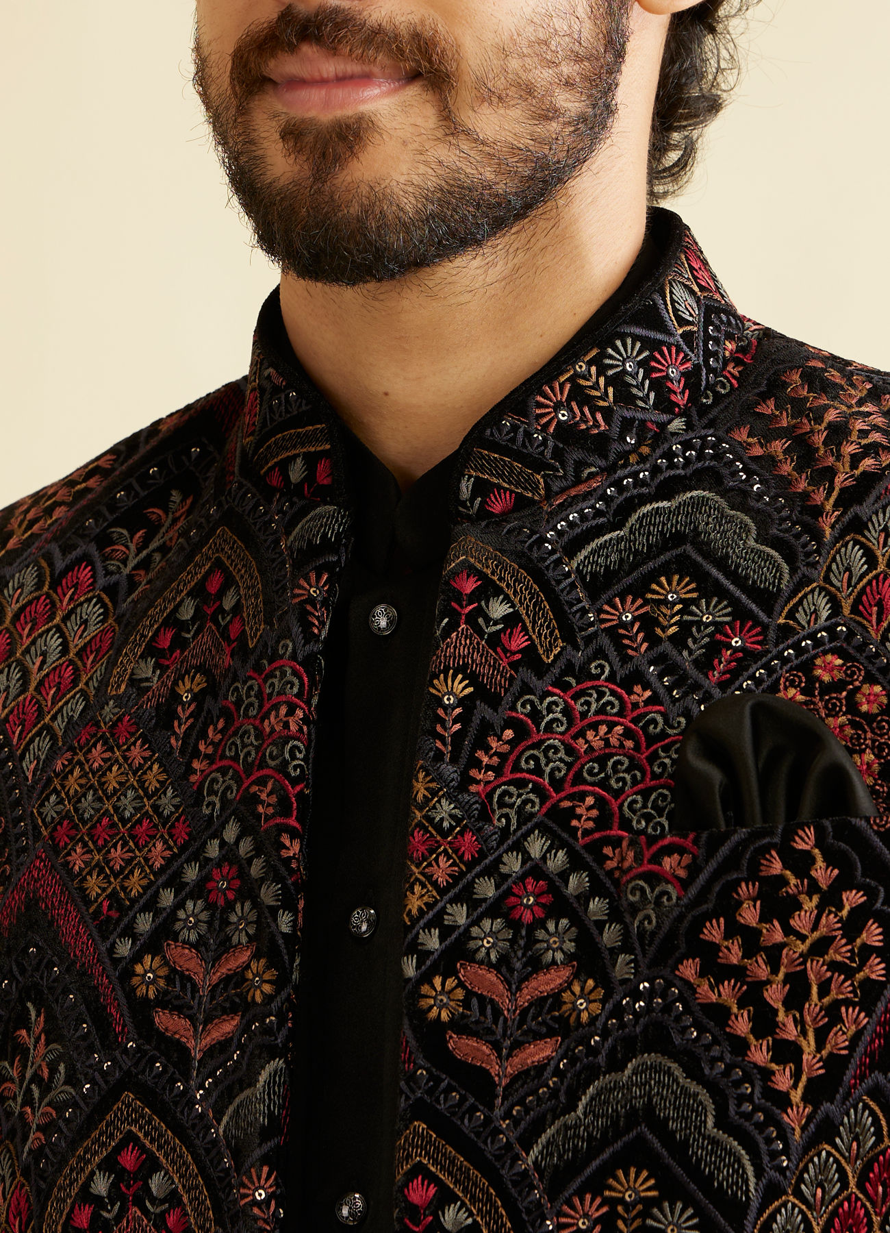 Manyavar Men Midnight Black Indo Western Set with Fern Motifs in a Fish Scale Pattern