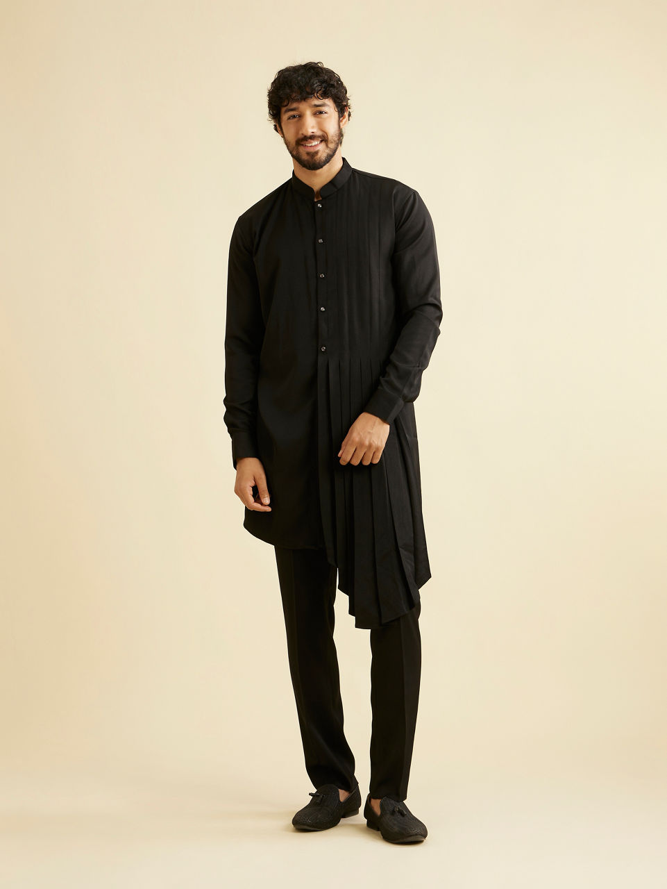 Manyavar Men Midnight Black Indo Western Set with Fern Motifs in a Fish Scale Pattern