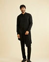 Manyavar Men Midnight Black Indo Western Set with Fern Motifs in a Fish Scale Pattern