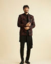 Manyavar Men Midnight Black Indo Western Set with Fern Motifs in a Fish Scale Pattern