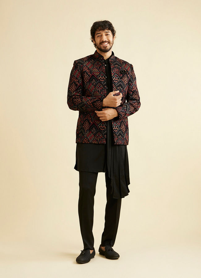 Manyavar Men Midnight Black Indo Western Set with Fern Motifs in a Fish Scale Pattern