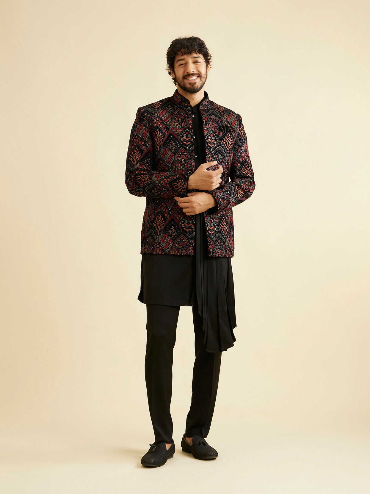 Manyavar Men Midnight Black Indo Western Set with Fern Motifs in a Fish Scale Pattern