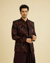 alt message - Manyavar Men Wine Red Indo Western Set with Fern Motifs in a Fish Scale Pattern image number 0