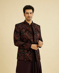 Manyavar Men Wine Red Indo Western Set with Fern Motifs in a Fish Scale Pattern