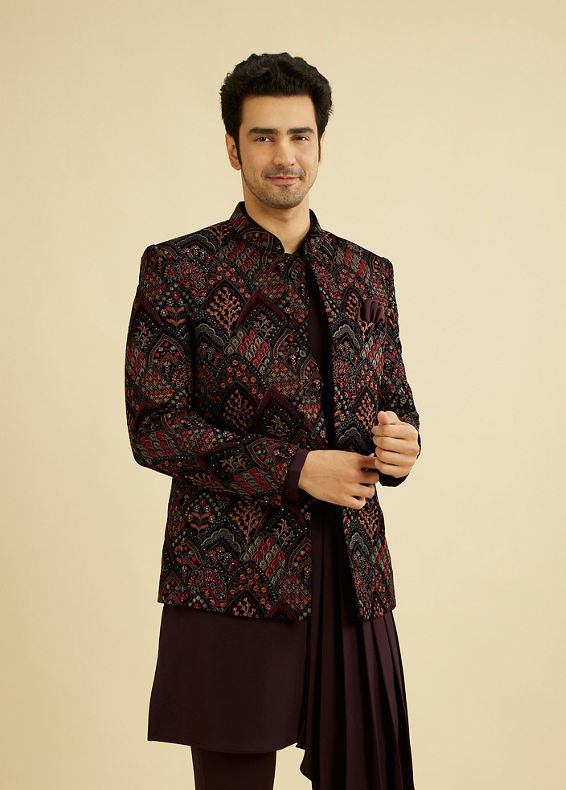 Manyavar Men Wine Red Indo Western Set with Fern Motifs in a Fish Scale Pattern