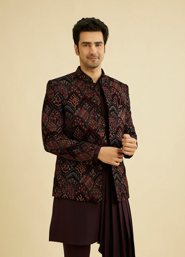 alt message - Manyavar Men Wine Red Indo Western Set with Fern Motifs in a Fish Scale Pattern image number 0