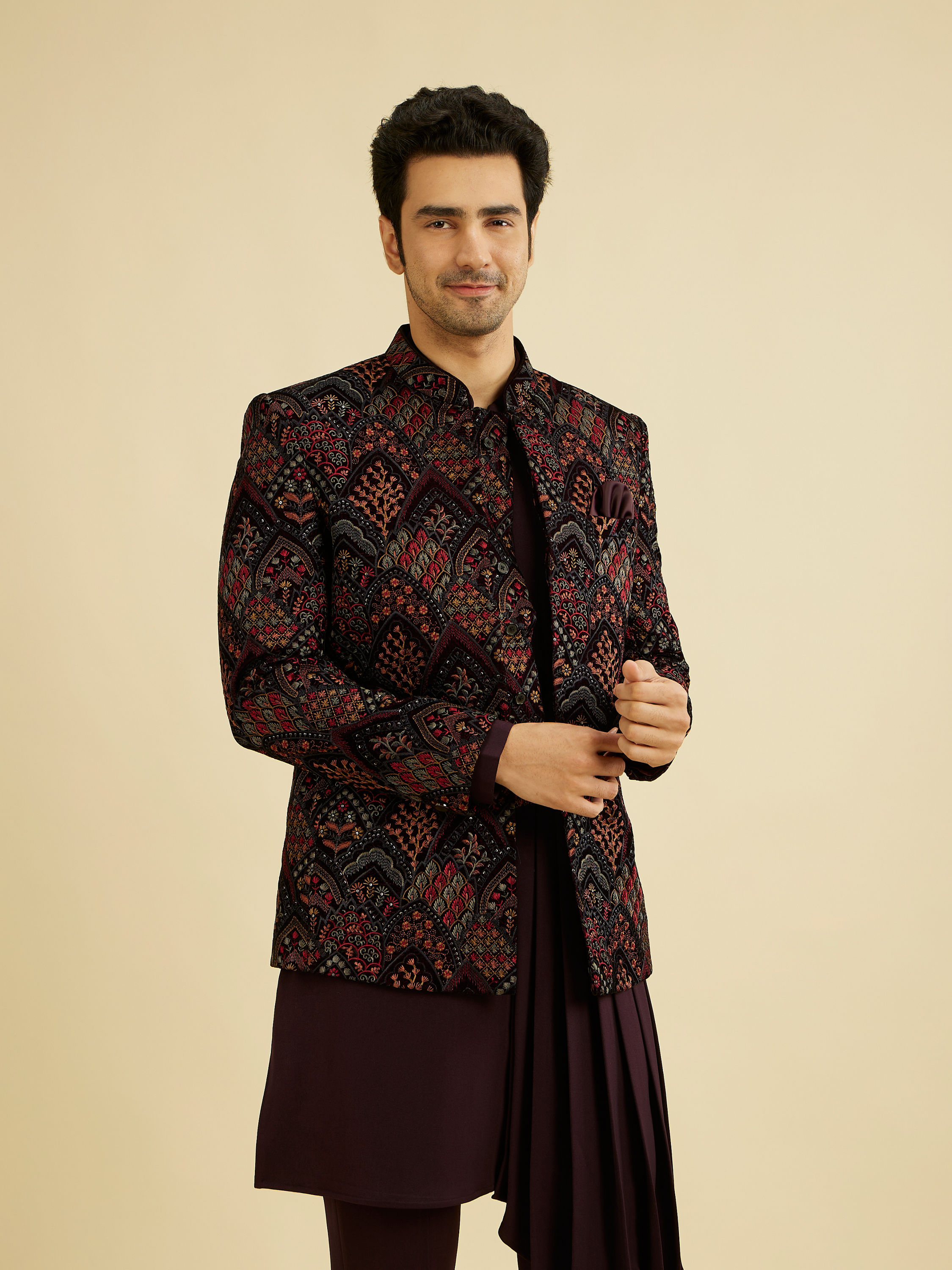 Manyavar Men Wine Red Indo Western Set with Fern Motifs in a Fish Scale Pattern