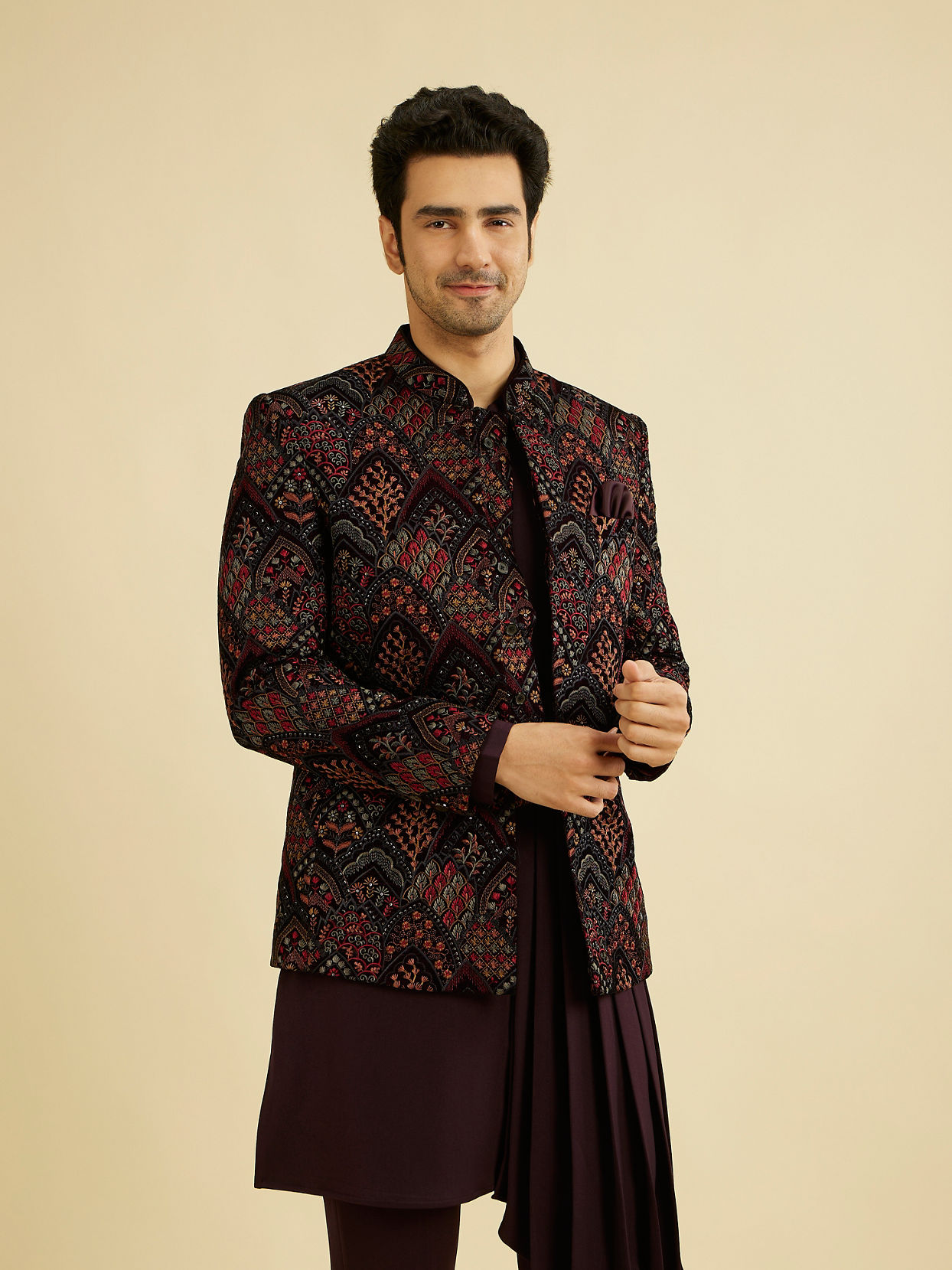 alt message - Manyavar Men Wine Red Indo Western Set with Fern Motifs in a Fish Scale Pattern image number 0