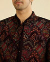 Manyavar Men Wine Red Indo Western Set with Fern Motifs in a Fish Scale Pattern