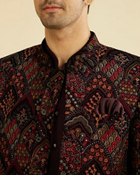 Manyavar Men Wine Red Indo Western Set with Fern Motifs in a Fish Scale Pattern